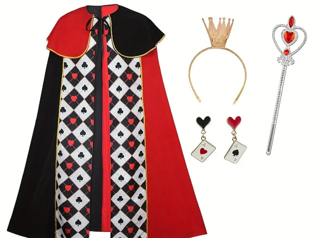 Alice Queen of Hearts 4-Piece Set, Red-Black Cape + Silver Scepter, Gold Crown, Playing Card Earrings, Top Choice for Halloween Parties.