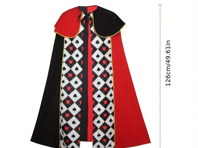 Alice Queen of Hearts 4-Piece Set, Red-Black Cape + Silver Scepter, Gold Crown, Playing Card Earrings, Top Choice for Halloween Parties.