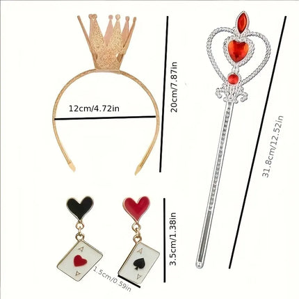 Alice Queen of Hearts 4-Piece Set, Red-Black Cape + Silver Scepter, Gold Crown, Playing Card Earrings, Top Choice for Halloween Parties.