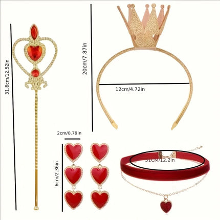 Alice Queen of Hearts 4-Piece Set, Red-Black Cape + Silver Scepter, Gold Crown, Playing Card Earrings, Top Choice for Halloween Parties.