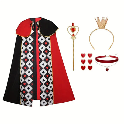 Alice Queen of Hearts 4-Piece Set, Red-Black Cape + Silver Scepter, Gold Crown, Playing Card Earrings, Top Choice for Halloween Parties.