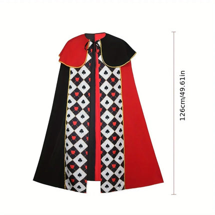 Alice Queen of Hearts 5-Piece Set, Red-Black Cape + Gold Scepter + Gold Crown + Red Collar + Love Earrings, Top Choice for Halloween Parties.