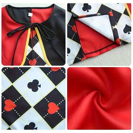 Alice Queen of Hearts 5-Piece Set, Red-Black Cape + Gold Scepter + Gold Crown + Red Collar + Love Earrings, Top Choice for Halloween Parties.