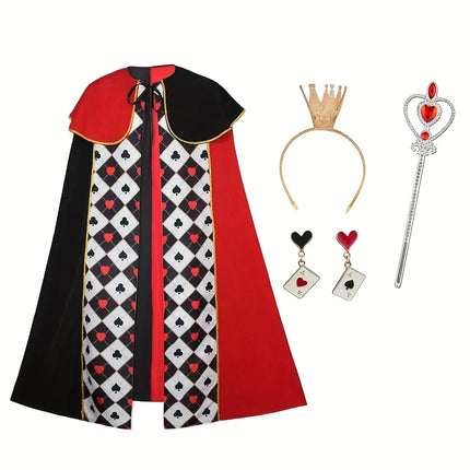 Alice Queen of Hearts 5-Piece Set, Red-Black Cape + Gold Scepter + Gold Crown + Red Collar + Love Earrings, Top Choice for Halloween Parties.