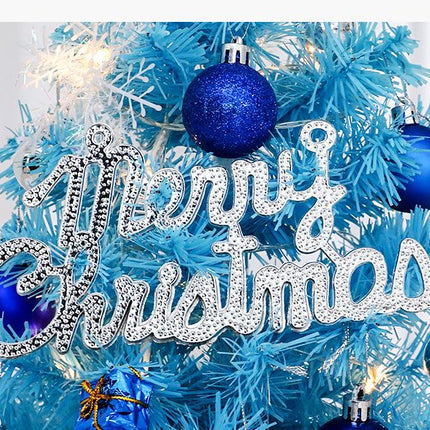 45cm Blue Mini Christmas Tree Set | Includes Star Topper, Letter Sign, Ornament Balls & Snowflake Decorations, Fresh & Dreamy Desktop Holiday Décor (Lighted Version: LED Battery Warm Light Lamp)