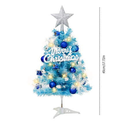 45cm Blue Mini Christmas Tree Set | Includes Star Topper, Letter Sign, Ornament Balls & Snowflake Decorations, Fresh & Dreamy Desktop Holiday Décor (Lighted Version: LED Battery Warm Light Lamp)
