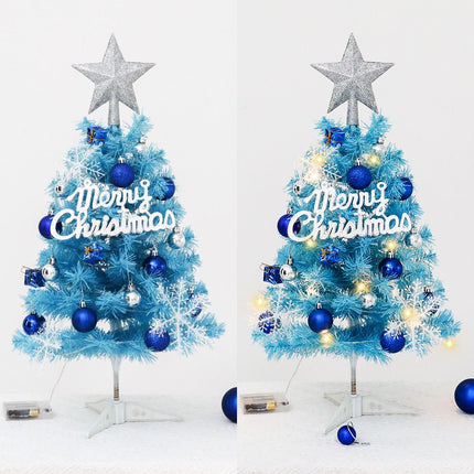60cm Blue Mini Christmas Tree Set | Includes Star Topper, Letter Sign, Ornament Balls & Snowflake Decorations, Fresh & Dreamy Desktop Holiday Décor (Lighted Version: LED Battery Warm Light Lamp)