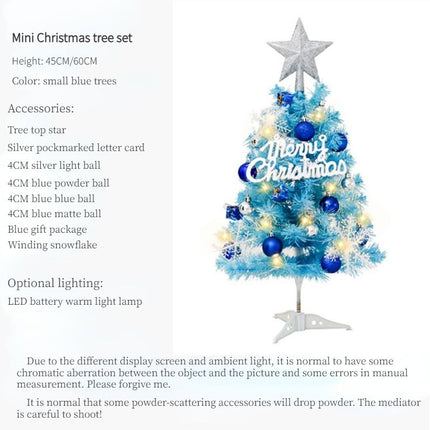 60cm Blue Mini Christmas Tree Set | Includes Star Topper, Letter Sign, Ornament Balls & Snowflake Decorations, Fresh & Dreamy Desktop Holiday Décor (Lighted Version: LED Battery Warm Light Lamp)