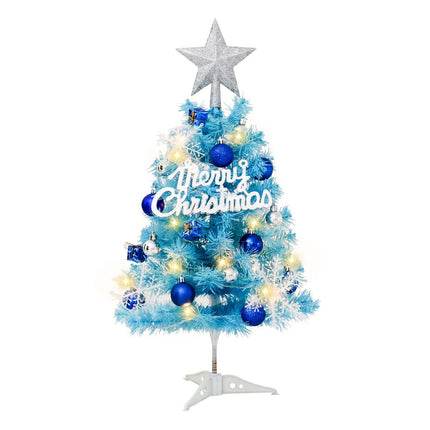 60cm Blue Mini Christmas Tree Set | Includes Star Topper, Letter Sign, Ornament Balls & Snowflake Decorations, Fresh & Dreamy Desktop Holiday Décor (Lighted Version: LED Battery Warm Light Lamp)