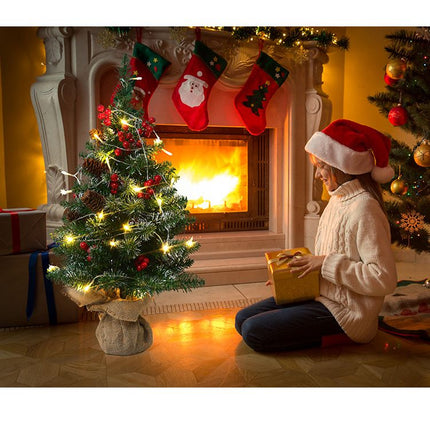 Mini Christmas Tree 45cm, Natural Pinecone Log Base Tabletop Decoration (Colorful Light Version)