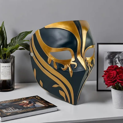 Resin Night Jasmine Full Face Mask, Black & Gold Relief Dark Style, Halloween Christmas Masquerade Prop, Bar KTV Decorative Ornament, Essential for Stylish Photoshoots