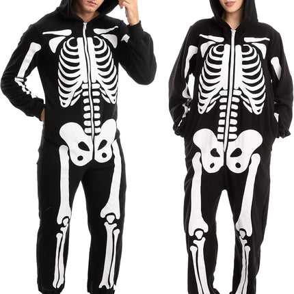 Unisex Skeleton Onesie Pajamas Plush Skeleton Jumpsuit Zipper Halloween Hoodie Pajamas for Adults Sleepwear Costume Black L