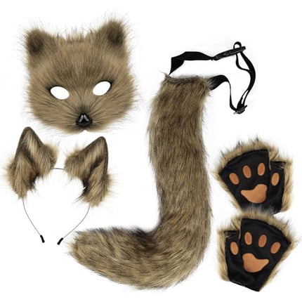 Plush mask with fox tail and ears set, cat tail fox costume cosplay costume with cat ears and paw gloves halloween cosplay green High quality () green