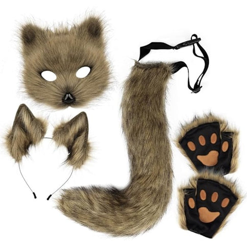 Plush mask with fox tail and ears set, cat tail fox costume cosplay costume with cat ears and paw gloves halloween cosplay green High quality () green