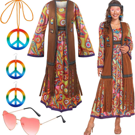 60s costume women, hippie women's dress set, 70s disco halloween outfits, hippie clothing women's costume, 60s clothing accessories L