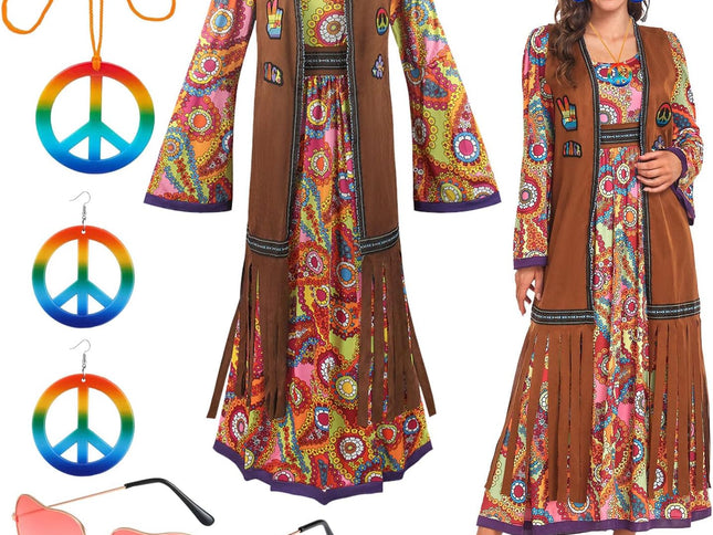 60s costume women, hippie women's dress set, 70s disco halloween outfits, hippie clothing women's costume, 60s clothing accessories L