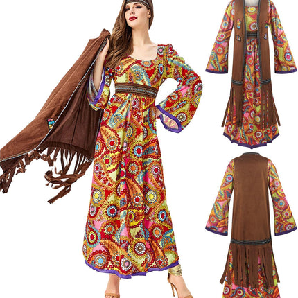 60s costume women, hippie women's dress set, 70s disco halloween outfits, hippie clothing women's costume, 60s clothing accessories L