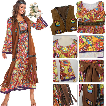 60s costume women, hippie women's dress set, 70s disco halloween outfits, hippie clothing women's costume, 60s clothing accessories L