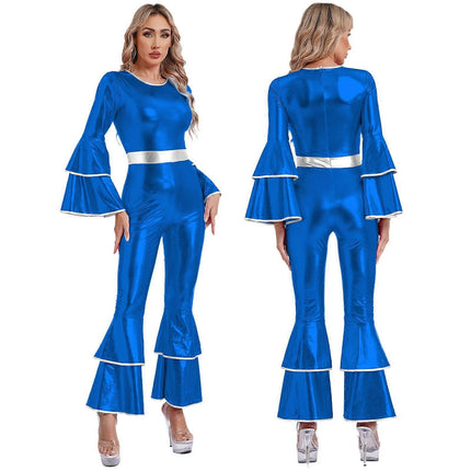 Women's Vintage 70s Disco Shiny Jumpsuit Bell Bottom Hippie Romper Cheerleading Uniform Halloween Cosplay Theme Party Costume royal blue_yux royal blue M