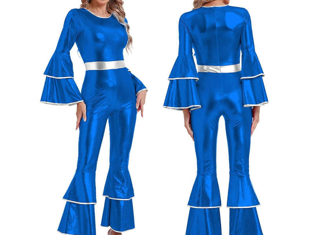 Women's Vintage 70s Disco Shiny Jumpsuit Bell Bottom Hippie Romper Cheerleading Uniform Halloween Cosplay Theme Party Costume royal blue_yux royal blue M