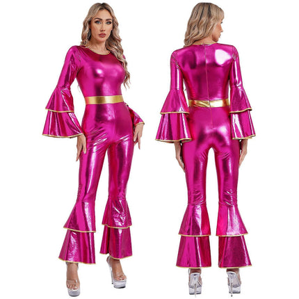 Women's Vintage 70s Disco Shiny Jumpsuit Bell Bottom Hippie Romper Cheerleading Uniform Halloween Cosplay Theme Party Costume royal blue_yux royal blue M