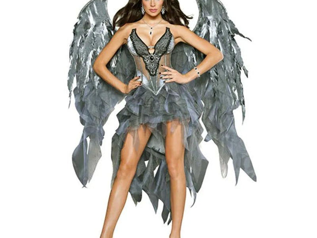 House Of Dasein Easter Purim Halloween Dark Fallen Angel Costume Dress Headband Wings Set - Gray - L
