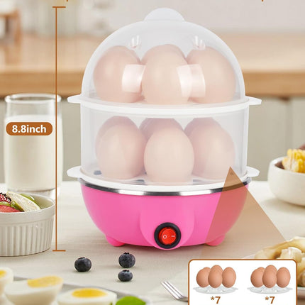 Electric Egg Cooker Steamer with Timer Auto Shut-Off 14 Egg Capacity 350W Double Layer Multifunctional for Milk Food Heating Pink