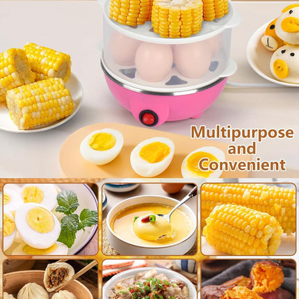 Electric Egg Cooker Steamer with Timer Auto Shut-Off 14 Egg Capacity 350W Double Layer Multifunctional for Milk Food Heating Pink