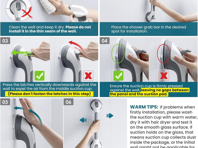 Grab Bars for Bathtubs and Showers 2 Pack Sucti Grab Bar, Heavy Duty Shower Handle Removable Bath Handrails for Seniors and Elderly, Bathroom Safety Grip No Drilling Waterproof,Grey