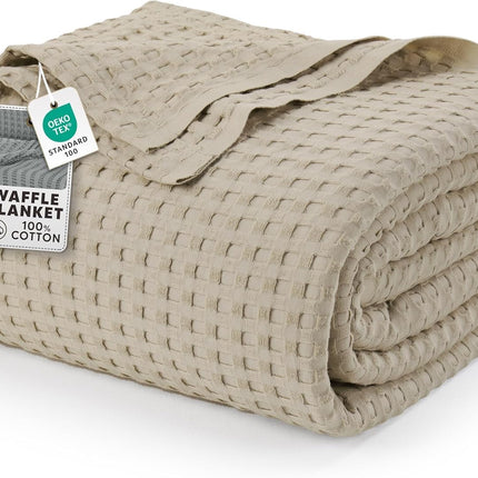 100% Cotton Khaki Waffle Blanket (Big Size - 120x120 Inch) Soft Lightweight Cozy Breathable Bed Blanket for All Seasons