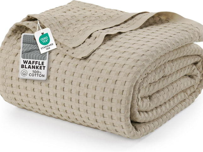 100% Cotton Khaki Waffle Blanket (Big Size - 120x120 Inch) Soft Lightweight Cozy Breathable Bed Blanket for All Seasons