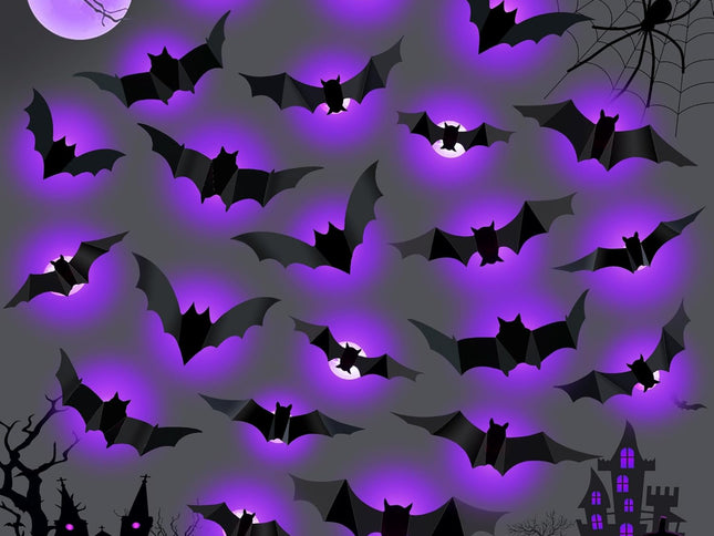 36 PCS LED Purple Lighted 3D Bats Halloween Decoration, 5 Sizes & 4 Shapes Removable PVC Bats Sticker, Waterproof Halloween Bat Wall Decor for Home Indoor Outdoor Bedroom Window Door Wall Party Decor