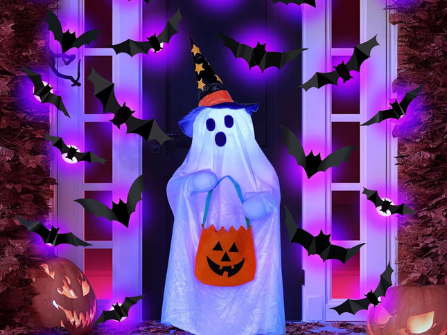 36 PCS LED Purple Lighted 3D Bats Halloween Decoration, 5 Sizes & 4 Shapes Removable PVC Bats Sticker, Waterproof Halloween Bat Wall Decor for Home Indoor Outdoor Bedroom Window Door Wall Party Decor