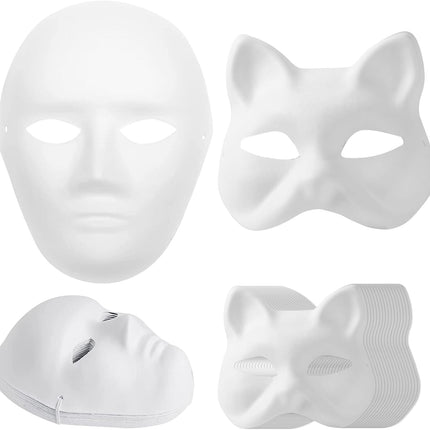 14-Pack Paper Mache Masks (2 Sizes) & 16-Pack Cat Mask White Blank for Party, Cosplay, Artistic Projects, Theater, Halloween, Masquerade Parties, Classroom Art