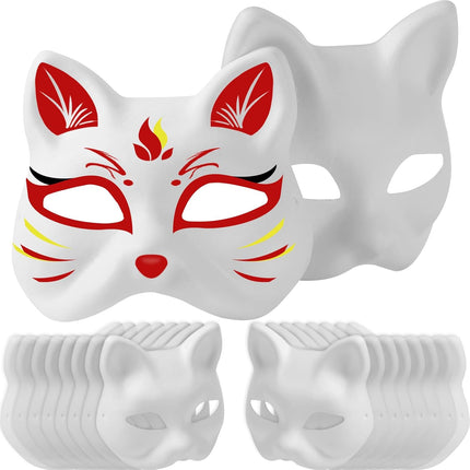 14-Pack Paper Mache Masks (2 Sizes) & 16-Pack Cat Mask White Blank for Party, Cosplay, Artistic Projects, Theater, Halloween, Masquerade Parties, Classroom Art