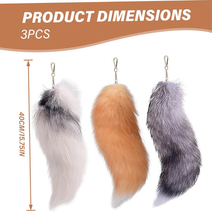 3 Pcs Therian Tail, 15.8 Inch Long Therian Fox Tail with Clasp, Halloween Soft Fluffy Fox Tail Keychain, Hanging Fox Tails for Women Adult Handbag Backpack