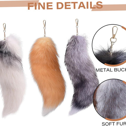 3 Pcs Therian Tail, 15.8 Inch Long Therian Fox Tail with Clasp, Halloween Soft Fluffy Fox Tail Keychain, Hanging Fox Tails for Women Adult Handbag Backpack