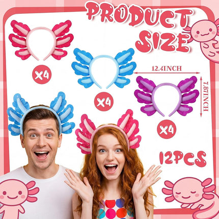 12 Pcs Halloween Axolotl Costume Headband Animal Ear Hair Hoop Headpiece Cosplay Party Favor for Women Adult Christmas Birthday Decor Accessory -