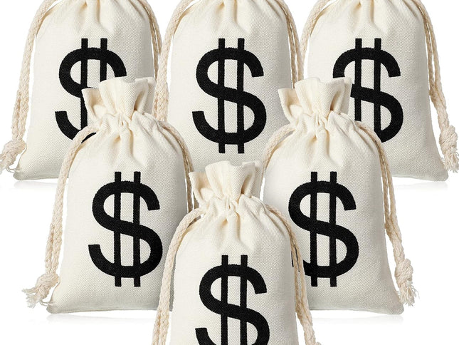 Canvas Dollar Sign Money Bags with Drawstrings ‚Äì 48 Pieces, 4.3 x 7.1in