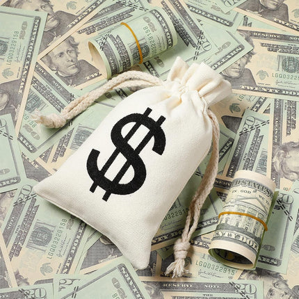 48 Pcs Canvas Money Bags Bulk with Drawstring Dollar Sign Sacks Pouch 4.3 x 7.1 Inch Cash Coin Props for Halloween Bank Robber Pirate Cosplay Party Favors -