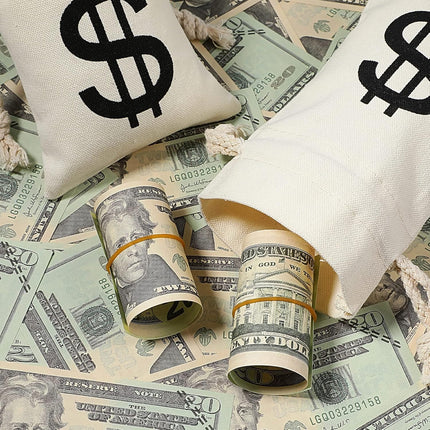 48 Pcs Canvas Money Bags Bulk with Drawstring Dollar Sign Sacks Pouch 4.3 x 7.1 Inch Cash Coin Props for Halloween Bank Robber Pirate Cosplay Party Favors -