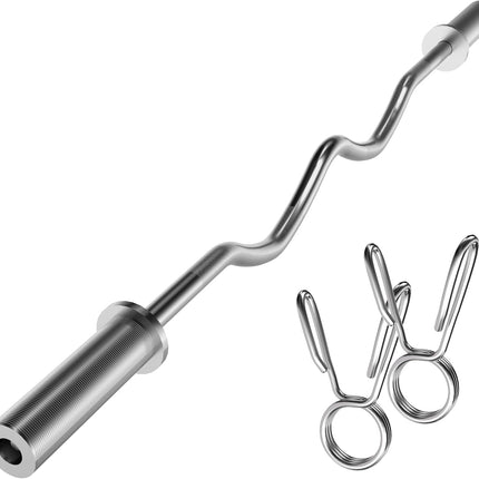 Olympic EZ Curl Bar - 47" Weightlifting Barbell for Bicep Curls & Tricep Extensions Fits 2-Inch Weight Plates 500LB Capacity Chrome with Needle Bearings 2 Spring Collars