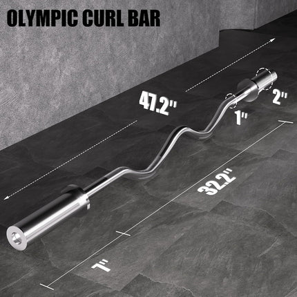 Olympic EZ Curl Bar - 47" Weightlifting Barbell for Bicep Curls & Tricep Extensions Fits 2-Inch Weight Plates 500LB Capacity Chrome with Needle Bearings 2 Spring Collars
