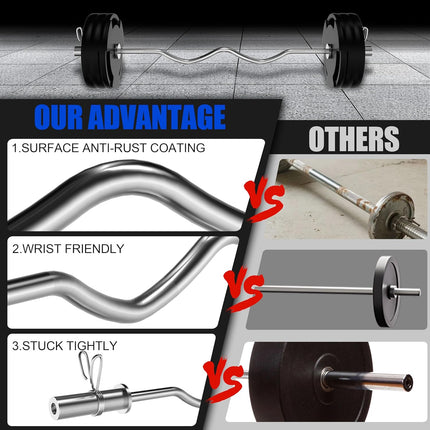 Olympic EZ Curl Bar - 47" Weightlifting Barbell for Bicep Curls & Tricep Extensions Fits 2-Inch Weight Plates 500LB Capacity Chrome with Needle Bearings 2 Spring Collars