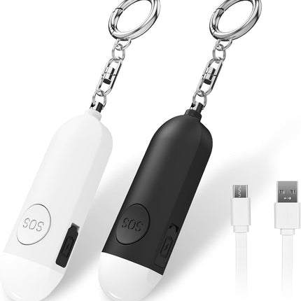 Alarm - Torch - 2-pack - 130dB - Personal alarm - Security alarm - Rechargeable - Emergency siren - with LED light - Keychain - (Black & White)