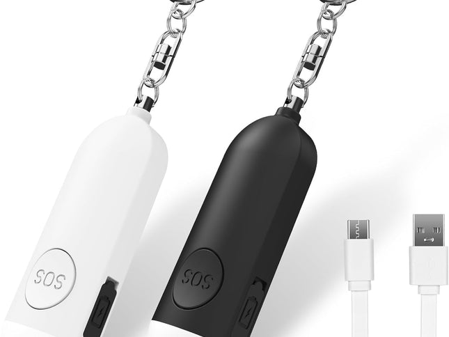 Alarm - Torch - 2-pack - 130dB - Personal alarm - Security alarm - Rechargeable - Emergency siren - with LED light - Keychain - (Black & White)