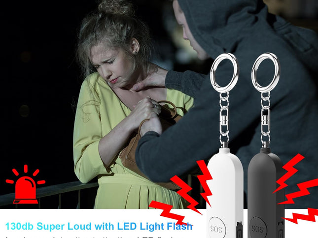Alarm - Torch - 2-pack - 130dB - Personal alarm - Security alarm - Rechargeable - Emergency siren - with LED light - Keychain - (Black & White)
