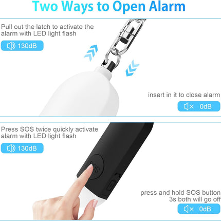 Alarm - Torch - 2-pack - 130dB - Personal alarm - Security alarm - Rechargeable - Emergency siren - with LED light - Keychain - (Black & White)