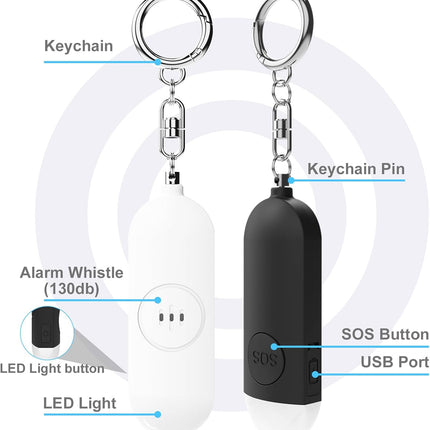 Alarm - Torch - 2-pack - 130dB - Personal alarm - Security alarm - Rechargeable - Emergency siren - with LED light - Keychain - (Black & White)