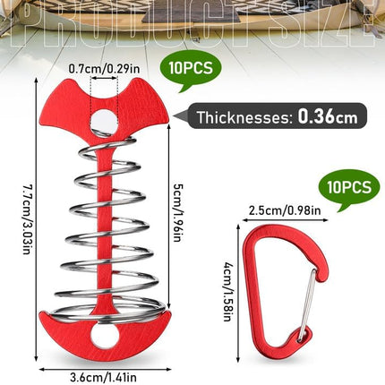 Carabiner Hook - Red - 10-pack - Ceiling Anchor with Carabiner Hook - Aluminium - Anchor - Spring Pin - Camping - Outdoor - Fishbone - Tent Anchor - Tent Rope - Spanner - Fishing Line - Adjuster - Pin